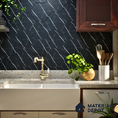 Subway Wall & Floor Tile TL 05274 D Hexalite Black Ice 10 x 9 inch (250x220 mm) Vitrified Matte Finish - 8 mm | Random Design | Suitable for Living Room, Accent / Feature Walls, Bathroom, Kitchen Wall & Backsplashes