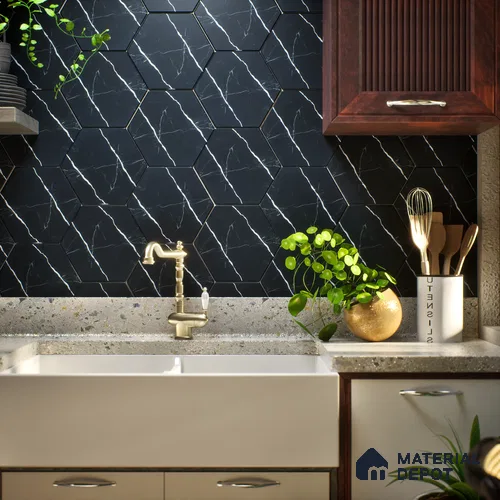 Subway Wall & Floor Tile TL 05274 D Hexalite Black Ice 10 x 9 inch (250x220 mm) Vitrified Matte Finish - 8 mm | Random Design | Suitable for Living Room, Accent / Feature Walls, Bathroom, Kitchen Wall & Backsplashes