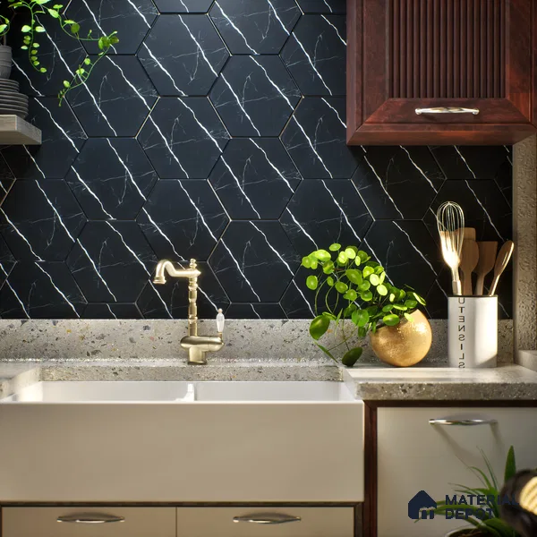 Subway Wall & Floor Tile TL 05274 D Hexalite Black Ice 10 x 9 inch (250x220 mm) Vitrified Matte Finish - 8 mm | Random Design | Suitable for Living Room, Accent / Feature Walls, Bathroom, Kitchen Wall & Backsplashes