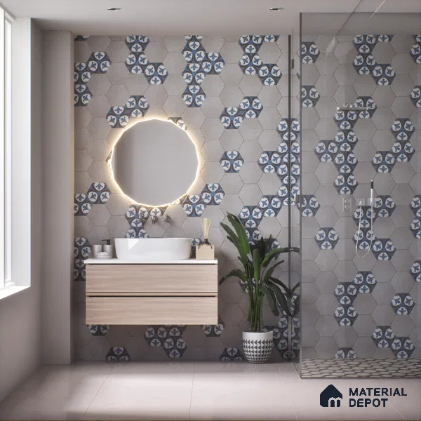 Hexagonal Wall & Floor Tile TL 05272 C Hexalite Decor 2 Cinder Smoke 10 x 9 inch (250x220 mm) Vitrified Matte Finish - 8 mm | Random Design | Suitable for Living Room, Accent / Feature Walls, Bathroom, Kitchen Wall & Backsplashes