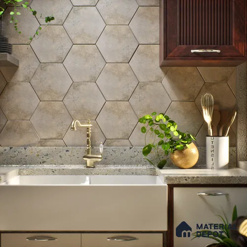 Hexagonal Wall & Floor Tile TL 05275 Hexalite Cocoa 10 x 9 inch (250x220 mm) Vitrified Matte Finish - 8 mm | 20 Random Faces | Suitable for Living Room, Accent / Feature Walls, Bathroom, Kitchen Wall & Backsplashes