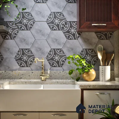 Subway Wall & Floor Tile TL 05271 B Hexalite Grana Grey Decor 10 x 9 inch (250x220 mm) Vitrified Matte Finish - 8 mm | Random Design | Suitable for Living Room, Accent / Feature Walls, Bathroom, Kitchen Wall & Backsplashes (Sample)