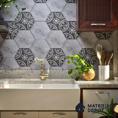 Hexagonal Wall & Floor Tile TL 05271 Hexalite Grana Grey Base 10 x 9 inch (250x220 mm) Vitrified Matte Finish - 8 mm | Suitable for Living Room, Accent / Feature Walls, Bathroom, Kitchen Wall & Backsplashes (Sample)