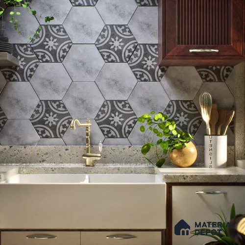 Hexagonal Wall & Floor Tile TL 05271 Hexalite Grana Grey Base 10 x 9 inch (250x220 mm) Vitrified Matte Finish - 8 mm | Suitable for Living Room, Accent / Feature Walls, Bathroom, Kitchen Wall & Backsplashes