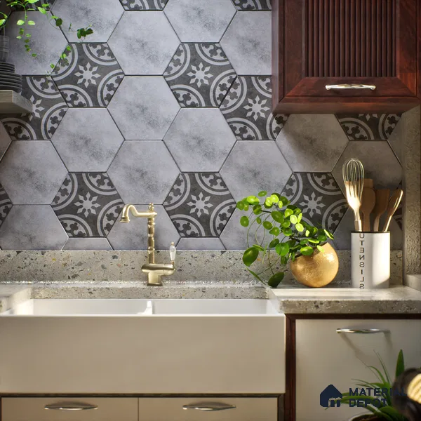 Hexagonal Wall & Floor Tile TL 05271 Hexalite Grana Grey Base 10 x 9 inch (250x220 mm) Vitrified Matte Finish - 8 mm | Suitable for Living Room, Accent / Feature Walls, Bathroom, Kitchen Wall & Backsplashes (Sample)