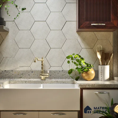 Subway Wall & Floor Tile TL 05277 D Hexalite Weaved Mushroom 10 x 9 inch (250x220 mm) Vitrified Matte Finish - 8 mm | Suitable for Accent / Feature Walls, Bathroom, Kitchen Wall & Backsplashes