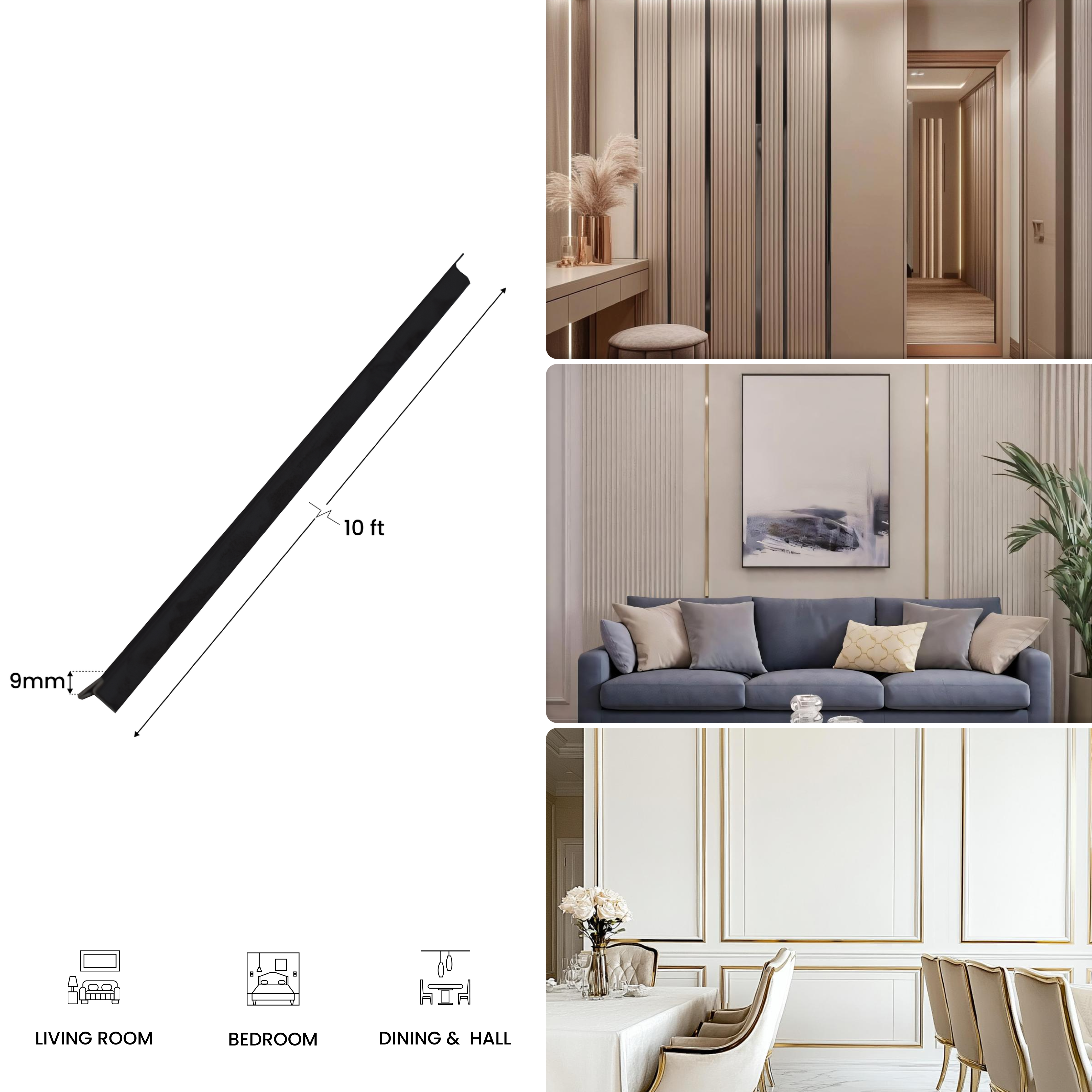 SS 304 T Profile Polish Black Glossy Finish Edgeline PM 00281 B | 10 ft (3 mtr) x 9 mm x 0.6 mm | Adhesive Type Installation | Suitable for Floor & Walls