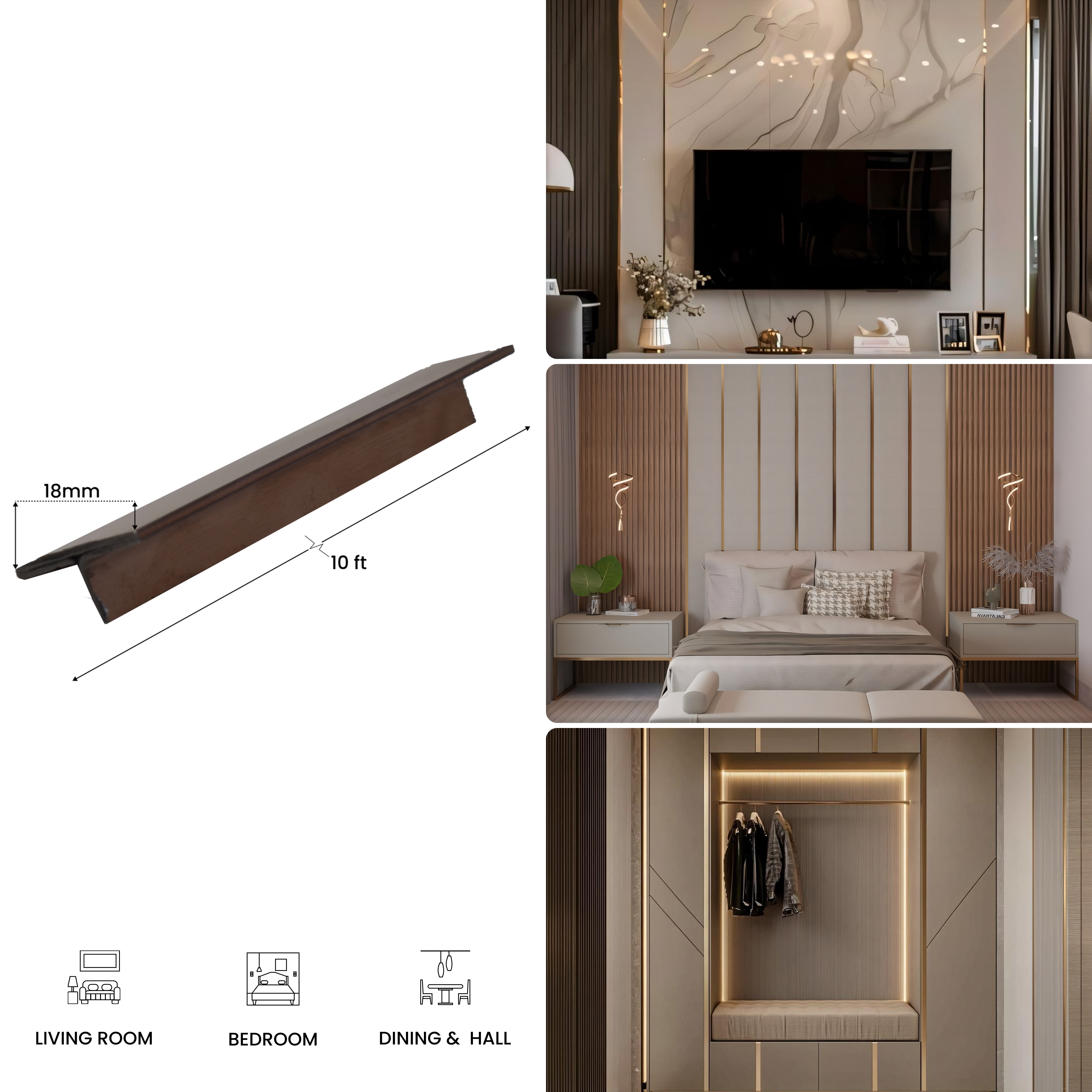 SS 304 T Profile Rose Gold Glossy Finish Edgeline PM 00281 R | 10 ft (3 mtr) x 18 mm x 0.6 mm | Adhesive Type Installation | Suitable for Floor & Walls