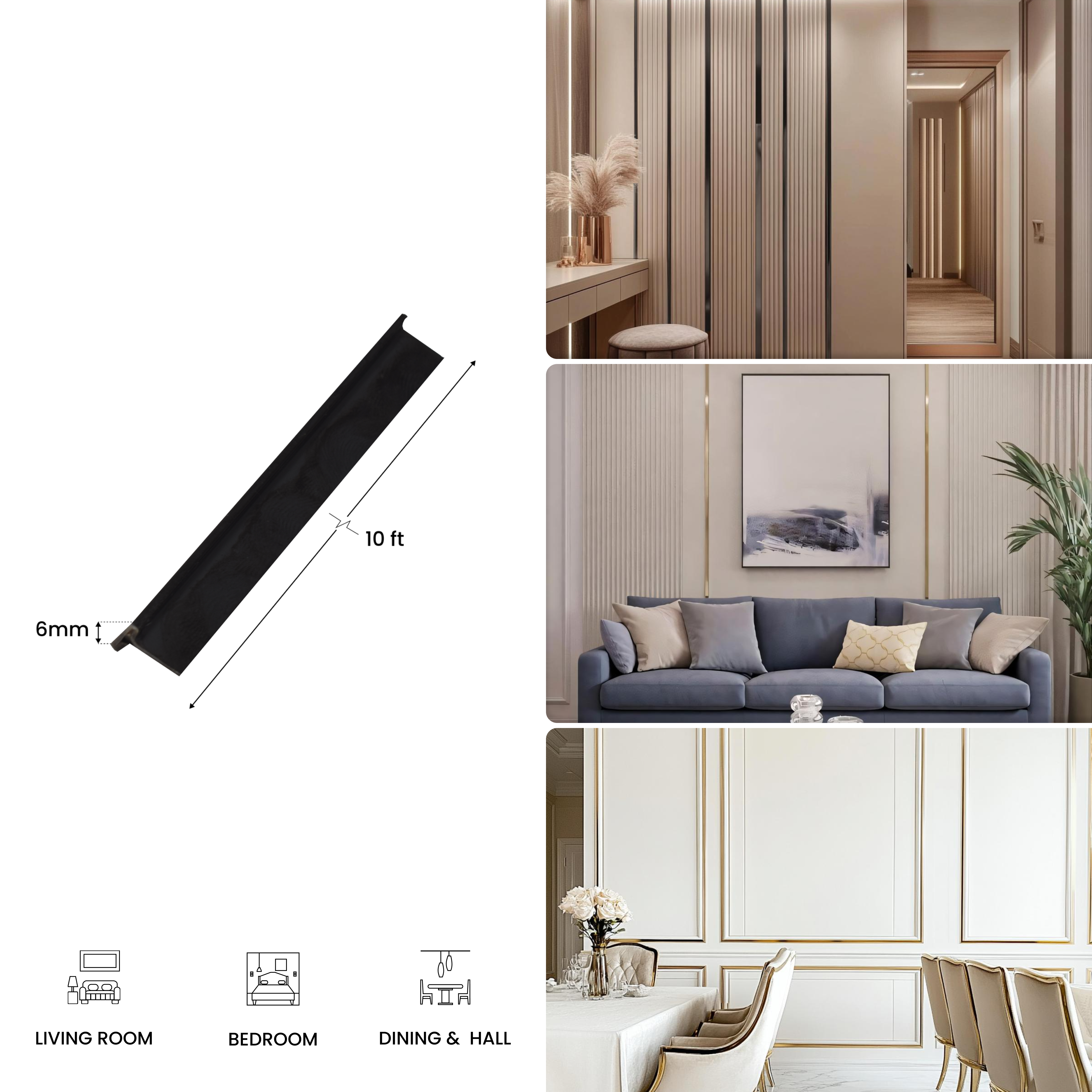 SS 304 T Profile Polish Black Glossy Finish Edgeline PM 00281 | 10 ft (3 mtr) x 6 mm x 0.6 mm | Adhesive Type Installation | Suitable for Floor & Walls