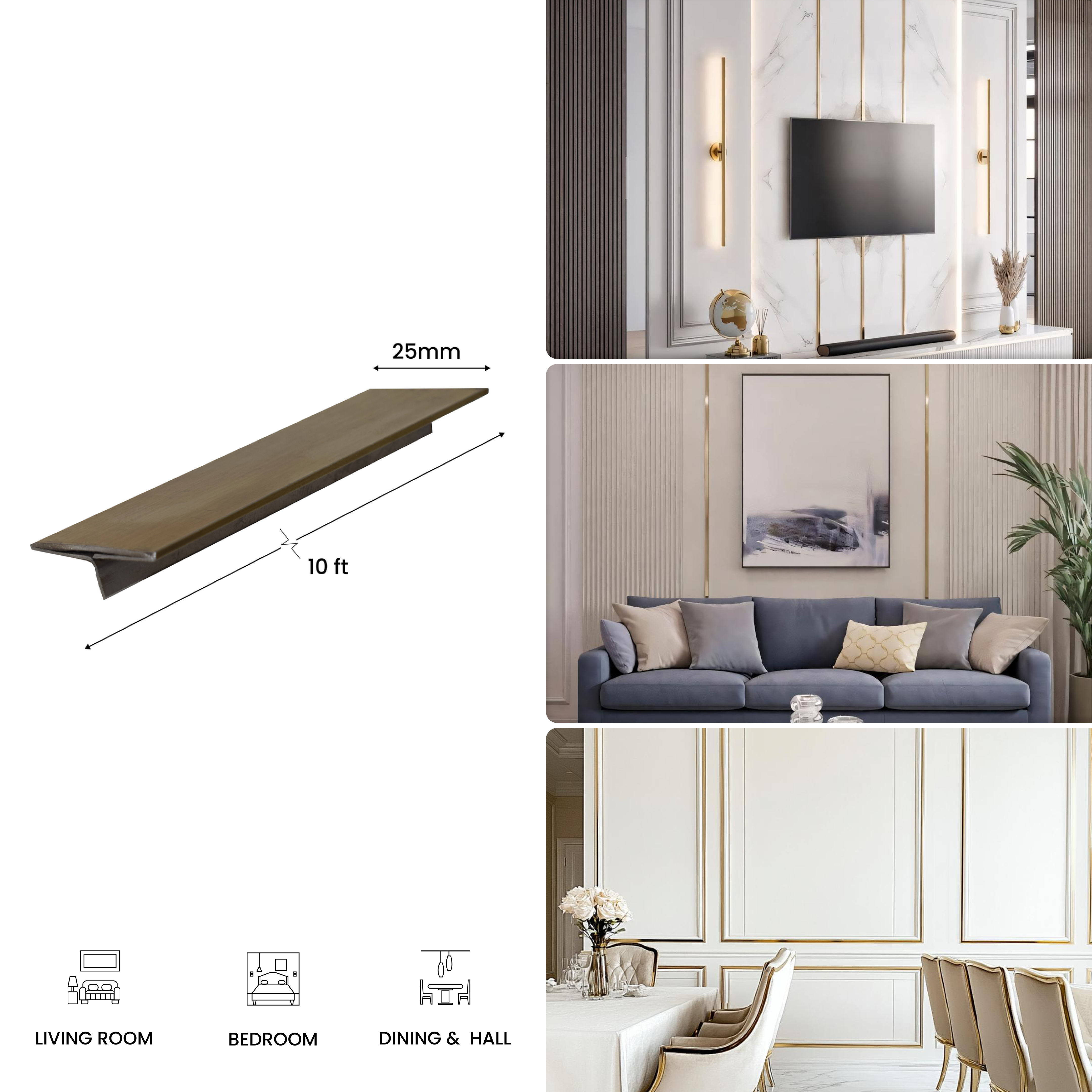 SS 304 T Profile Brush Gold Matte Finish Edgeline PM 00281 Z | 10 ft (3 mtr) x 25 mm x 0.6 mm | Adhesive Type Installation | Suitable for Floor & Walls