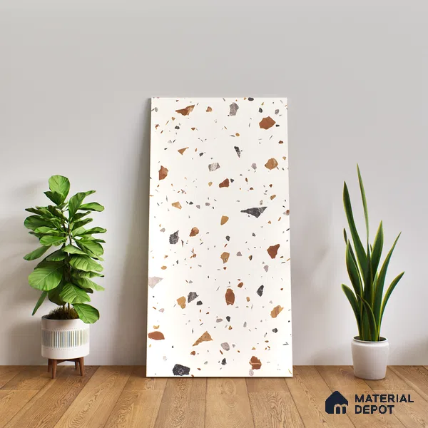 Terrazzo Floor & Wall Tile TL 06131 Gravity Bianco Royal 4 ft x 2 ft Vitrified Carving Matte Finish - 9 mm | 4 Random Design | Suitable For Living Room, Bedroom, Bathroom, Kitchen