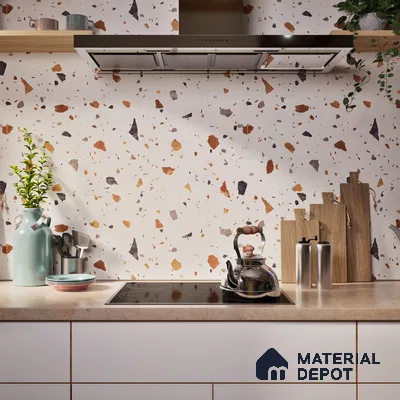 Terrazzo Floor & Wall Tile TL 06131 Gravity Bianco Royal 4 ft x 2 ft Vitrified Carving Matte Finish - 9 mm | 4 Random Design | Suitable For Living Room, Bedroom, Bathroom, Kitchen
