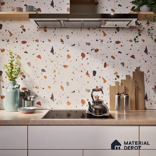 Terrazzo Floor & Wall Tile TL 06131 Gravity Bianco Royal 4 ft x 2 ft Vitrified Carving Matte Finish - 9 mm | 4 Random Design | Suitable For Living Room, Bedroom, Bathroom, Kitchen