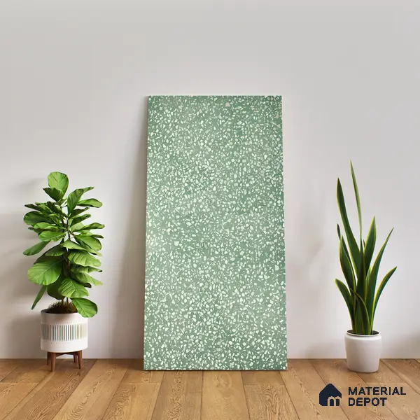 Terrazzo Floor & Wall Tile TL 06086 D Terrazzo Green 4 ft x 2 ft Vitrified Matte Finish - 9 mm | 8 Random Design | Suitable For Living Room, Bedroom, Bathroom, Kitchen