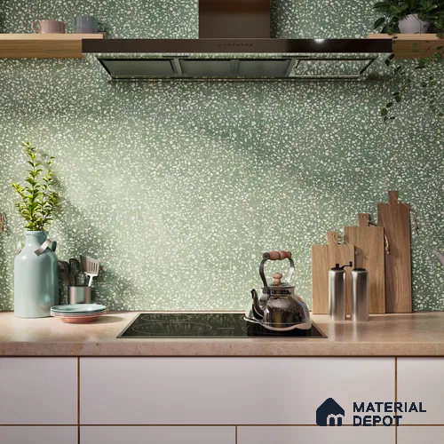 Terrazzo Floor & Wall Tile TL 06086 D Terrazzo Green 4 ft x 2 ft Vitrified Matte Finish - 9 mm | 8 Random Design | Suitable For Living Room, Bedroom, Bathroom, Kitchen