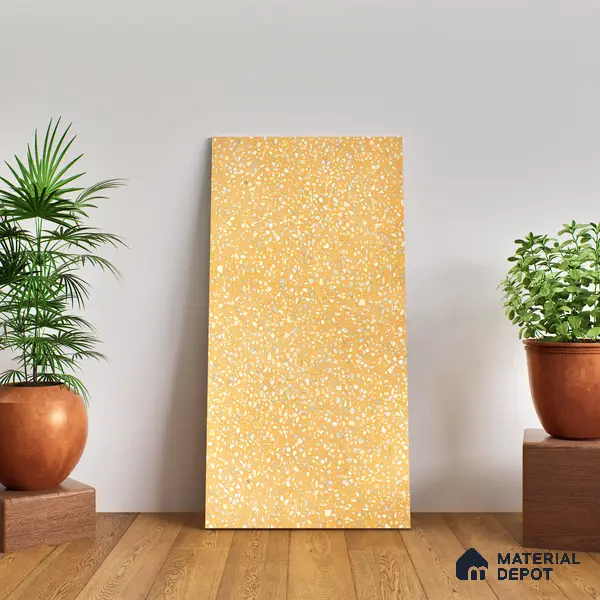 Terrazzo Floor & Wall Tile TL 06086 E Terrazzo Mustard 4 ft x 2 ft Vitrified Matte Finish - 9 mm | 8 Random Design | Suitable For Living Room, Bedroom, Bathroom, Kitchen