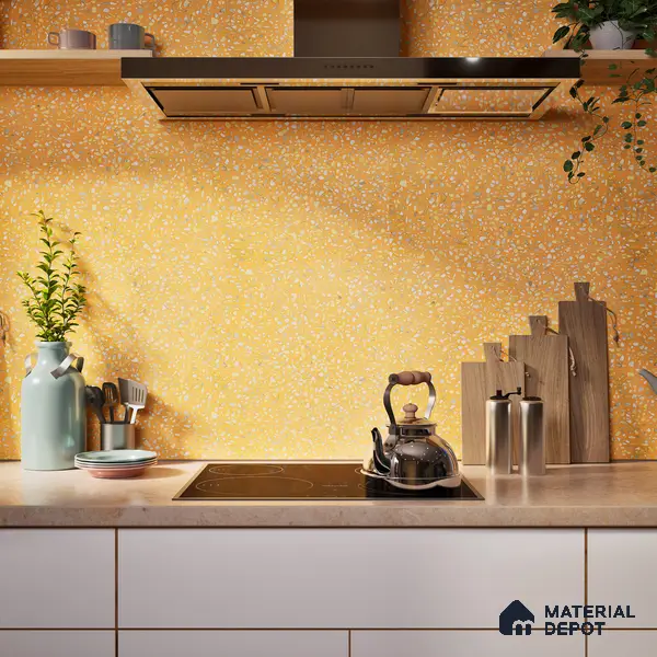 Terrazzo Floor & Wall Tile TL 06086 E Terrazzo Mustard 4 ft x 2 ft Vitrified Matte Finish - 9 mm | 8 Random Design | Suitable For Living Room, Bedroom, Bathroom, Kitchen