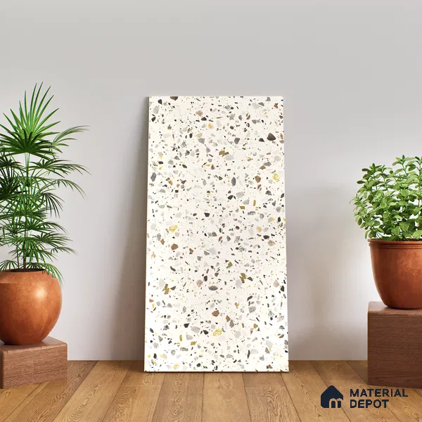 Terrazzo Floor & Wall Tile TL 06086 G Natural Terra White 4 ft x 2 ft Vitrified Matte Finish - 9 mm | 8 Random Design | Suitable For Living Room, Bedroom, Bathroom, Kitchen (Sample)