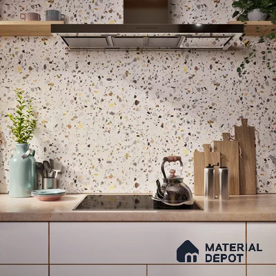 Terrazzo Floor & Wall Tile TL 06086 G Natural Terra White 4 ft x 2 ft Vitrified Matte Finish - 9 mm | 8 Random Design | Suitable For Living Room, Bedroom, Bathroom, Kitchen (Sample)