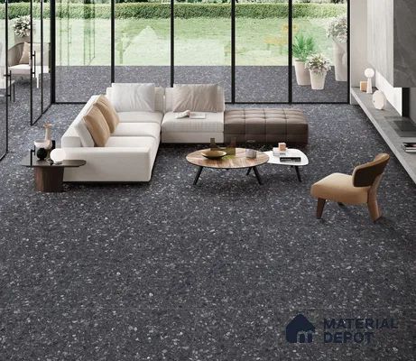 Terrazzo Floor & Wall Tile TL 06022 B Carrara Nero 2 ft x 2 ft Rustic Carving Matte Finish Vitrified Tile - 9 mm | 6 Random Design | Suitable For Living Room, Bedroom, Bathroom, Kitchen & Dining