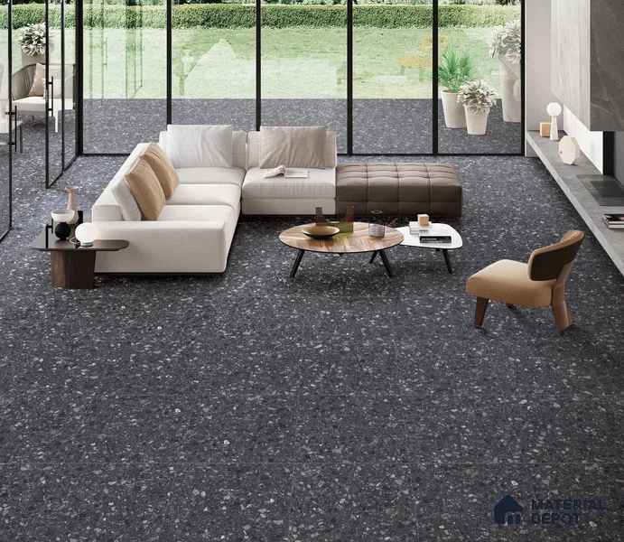 Terrazzo Floor & Wall Tile TL 06022 B Carrara Nero 2 ft x 2 ft Rustic Carving Matte Finish Vitrified Tile - 9 mm | 6 Random Design | Suitable For Living Room, Bedroom, Bathroom, Kitchen & Dining