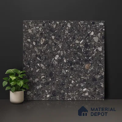 Terrazzo Floor & Wall Tile TL 06022 B Carrara Nero 2 ft x 2 ft Rustic Carving Matte Finish Vitrified Tile - 9 mm | 6 Random Design | Suitable For Living Room, Bedroom, Bathroom, Kitchen & Dining