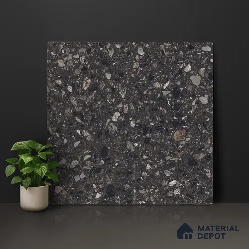 Terrazzo Floor & Wall Tile TL 06022 B Carrara Nero 2 ft x 2 ft Rustic Carving Matte Finish Vitrified Tile - 9 mm | 6 Random Design | Suitable For Living Room, Bedroom, Bathroom, Kitchen & Dining