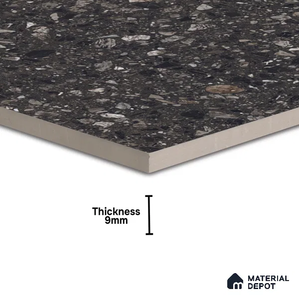 Terrazzo Floor & Wall Tile TL 06022 B Carrara Nero 2 ft x 2 ft Rustic Carving Matte Finish Vitrified Tile - 9 mm | 6 Random Design | Suitable For Living Room, Bedroom, Bathroom, Kitchen & Dining