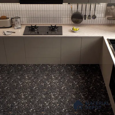 Terrazzo Floor & Wall Tile TL 06022 B Carrara Nero 2 ft x 2 ft Rustic Carving Matte Finish Vitrified Tile - 9 mm | 6 Random Design | Suitable For Living Room, Bedroom, Bathroom, Kitchen & Dining