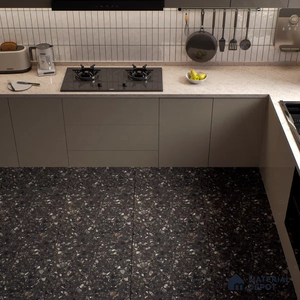 Terrazzo Floor & Wall Tile TL 06022 B Carrara Nero 2 ft x 2 ft Rustic Carving Matte Finish Vitrified Tile - 9 mm | 6 Random Design | Suitable For Living Room, Bedroom, Bathroom, Kitchen & Dining