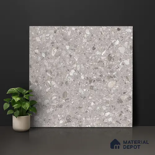 Terrazzo Floor & Wall Tile TL 06022 Carrara White 2 ft x 2 ft Rustic Carving Matte Finish Vitrified Tile - 9 mm | 6 Random Design | Suitable For Living Room, Bedroom, Bathroom, Kitchen & Dining