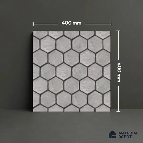 Hexagonal Floor Tile TL 07588 Hexa Gris 16 x 16 inch Texture Finish Vitrified Tile - 12 mm | Suitable for Parking, Outdoor & Bathroom | Pattern Alignment May Vary | 2-3 mm Spacer is Mandatory