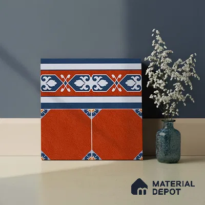 Moroccan Athangudi Carpet Floor Tile TL 10448 B Border 1 ft x 1 ft - Ceramic Matte Finish -10 mm | Suitable for Living Room, Kitchen, Dining Area | Please Expect a Slight Variation of Pattern