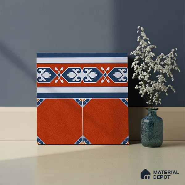 Moroccan Athangudi Carpet Floor Tile TL 10448 B Border 1 ft x 1 ft - Ceramic Matte Finish -10 mm | Suitable for Living Room, Kitchen, Dining Area | Please Expect a Slight Variation of Pattern