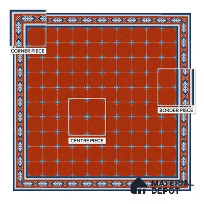 Moroccan Athangudi Carpet Floor Tile TL 10448 B Border 1 ft x 1 ft - Ceramic Matte Finish -10 mm | Suitable for Living Room, Kitchen, Dining Area | Please Expect a Slight Variation of Pattern