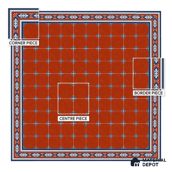 Moroccan Athangudi Carpet Floor Tile TL 10448 B Border 1 ft x 1 ft - Ceramic Matte Finish -10 mm | Suitable for Living Room, Kitchen, Dining Area | Please Expect a Slight Variation of Pattern