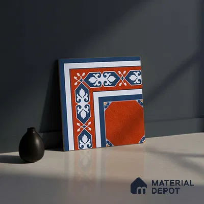 Moroccan Athangudi Carpet Floor Tile TL 10448 Corner 1 ft x 1 ft - Ceramic Matte Finish -10 mm | Suitable for Living Room, Kitchen, Dining Area | Please Expect a Slight Variation of Pattern