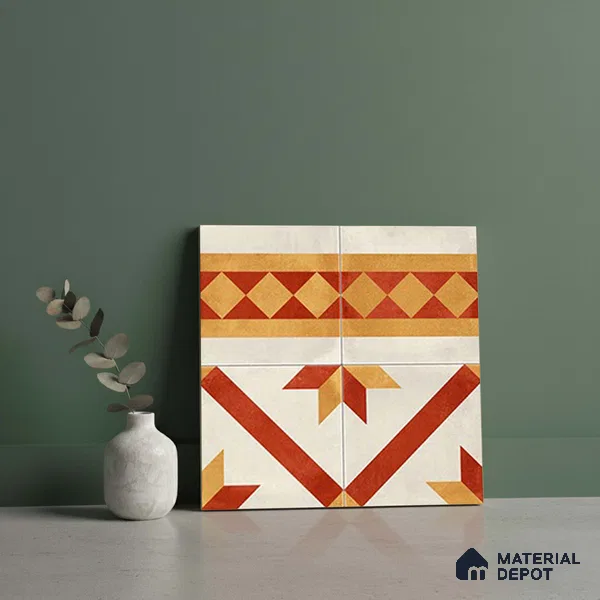 Moroccan Athangudi Carpet Floor Tile TL 10454 B Border 1 ft x 1 ft - Ceramic Matte Finish -10 mm | Suitable for Living Room, Kitchen, Dining Area | Please Expect a Slight Variation of Pattern