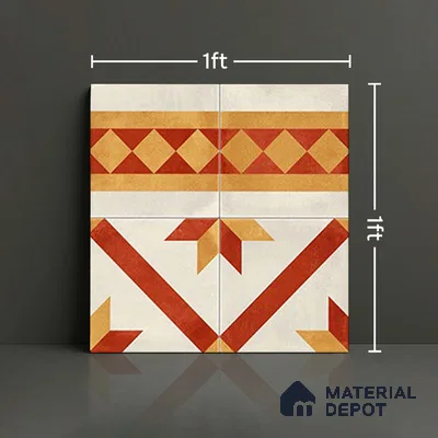 Moroccan Athangudi Carpet Floor Tile TL 10454 B Border 1 ft x 1 ft - Ceramic Matte Finish -10 mm | Suitable for Living Room, Kitchen, Dining Area | Please Expect a Slight Variation of Pattern