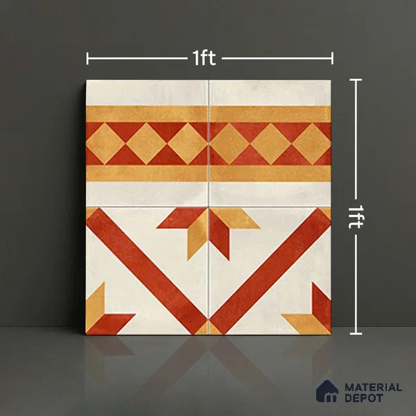 Moroccan Athangudi Carpet Floor Tile TL 10454 B Border 1 ft x 1 ft - Ceramic Matte Finish -10 mm | Suitable for Living Room, Kitchen, Dining Area | Please Expect a Slight Variation of Pattern