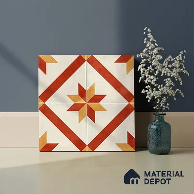 Moroccan Athangudi Carpet Floor & Wall Tile TL 10454 C Center 1 ft x 1 ft - Ceramic Matte Finish -10 mm | Suitable for Living Room, Kitchen, Bathroom | Please Expect a Slight Variation of Pattern