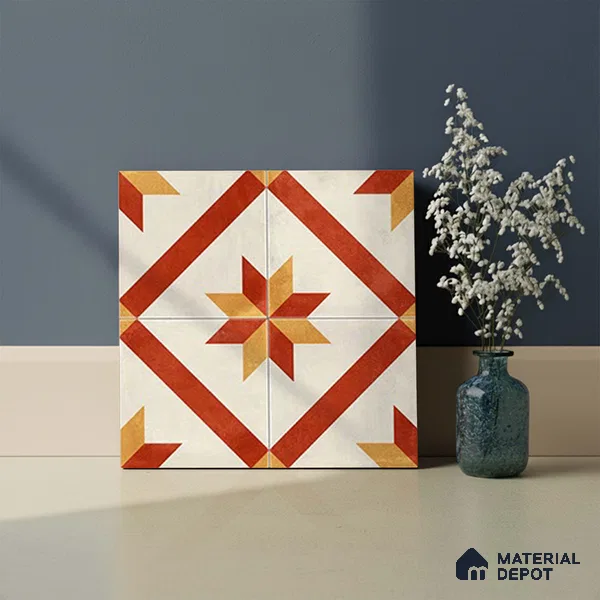 Moroccan Athangudi Carpet Floor & Wall Tile TL 10454 C Center 1 ft x 1 ft - Ceramic Matte Finish -10 mm | Suitable for Living Room, Kitchen, Bathroom | Please Expect a Slight Variation of Pattern