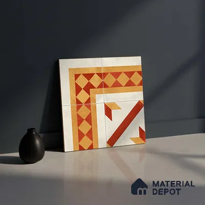 Moroccan Athangudi Carpet Floor Tile TL 10454 Corner 1 ft x 1 ft - Ceramic Matte Finish -10 mm | Suitable for Living Room, Kitchen, Dining Area | Please Expect a Slight Variation of Pattern