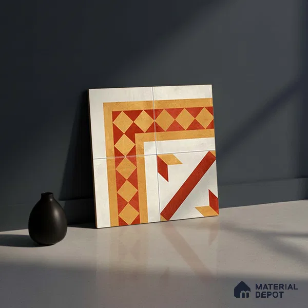 Moroccan Athangudi Carpet Floor Tile TL 10454 Corner 1 ft x 1 ft - Ceramic Matte Finish -10 mm | Suitable for Living Room, Kitchen, Dining Area | Please Expect a Slight Variation of Pattern