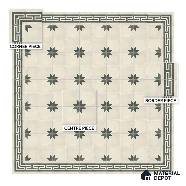 Moroccan Athangudi Carpet Floor Tile TL 10455 Corner 1 ft x 1 ft - Ceramic Matte Finish -10 mm | Suitable for Living Room, Kitchen, Dining Area | Please Expect a Slight Variation of Pattern