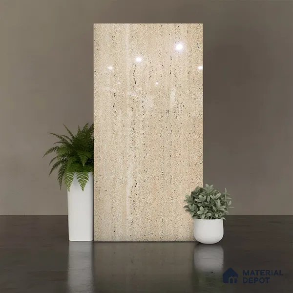 Floor & Wall Tile TL 07837 B Travertine Natural 4 ft x 2 ft Vitrified Glossy Finish - 9 mm | Suitable for Kitchen, Bathroom, Living Room & Bedroom | Random 4