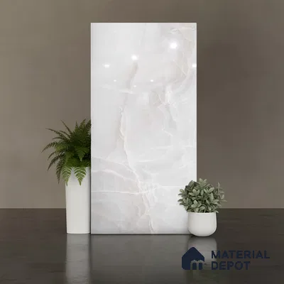White Stone Floor & Wall Tile TL 08778  Royal Miami Onyx White 4 ft x 2 ft Vitrified Glossy Finish - 9 mm | Random 6 | Suitable for Living Room, Bedroom, Bathroom