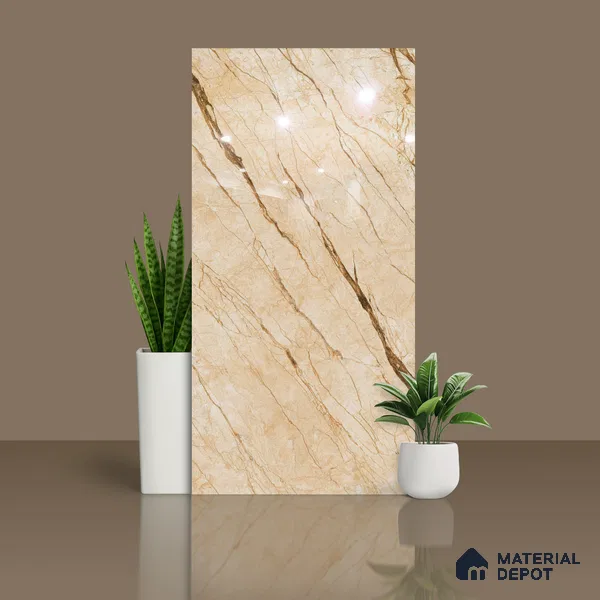 Marble Floor & Wall Tile TL 10566 Almond Beige 4 ft x 2 ft Glossy Finish Vitrified Tile - 9 mm | Suitable for Living Room, Bedroom & Bathroom