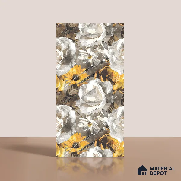 Floral Wall Tile TL 08772  Royal Gold Flower 4 ft x 2 ft Vitrified Carving Matte Finish - 9 mm | Suitable for Bathroom, Accent/Feature Wall, Foyer