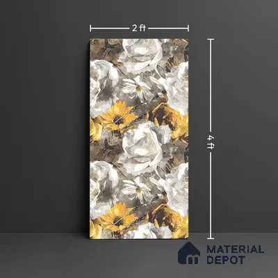 Floral Wall Tile TL 08772  Royal Gold Flower 4 ft x 2 ft Vitrified Carving Matte Finish - 9 mm | Suitable for Bathroom, Accent/Feature Wall, Foyer